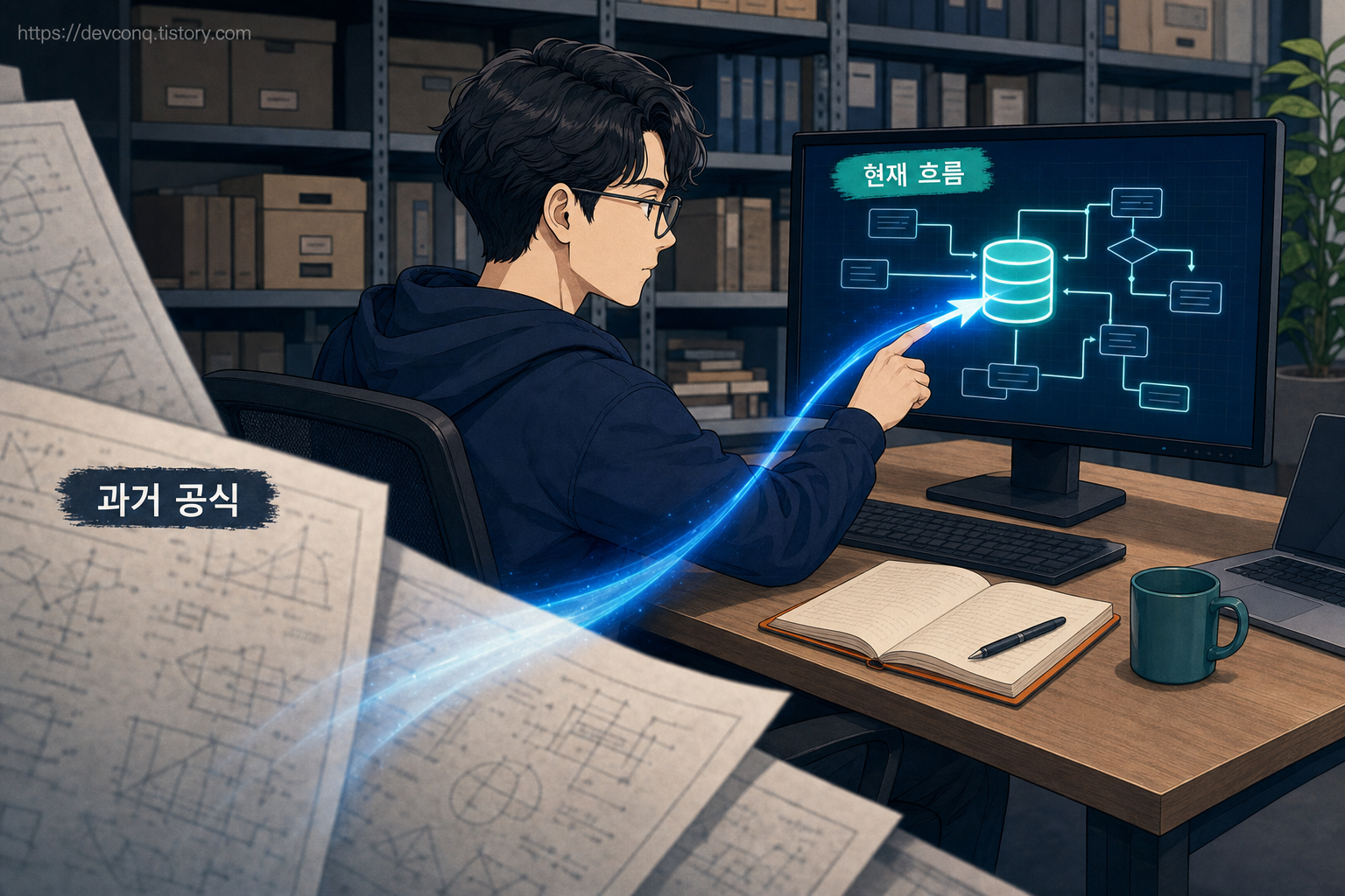 키 생성 공식을 적은 종이에서 실행 중인 DB 흐름으로 화살표를 돌리는 고정 2D 남성 개발자