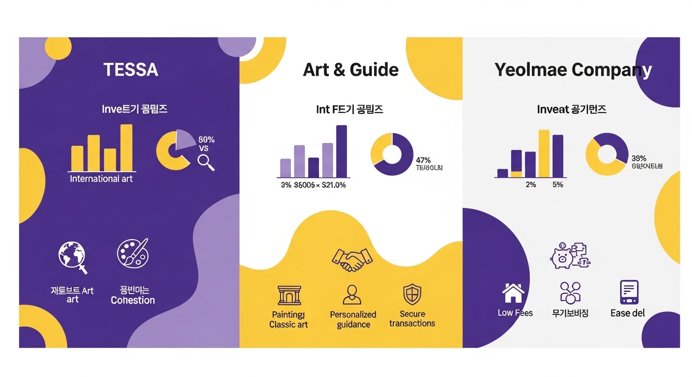테사, 아트앤가이드, 열매컴퍼니 등 주요 미술품 조각 투자 플랫폼들의 평균 수익률과 특징을 비교하는 인포그래픽입니다.