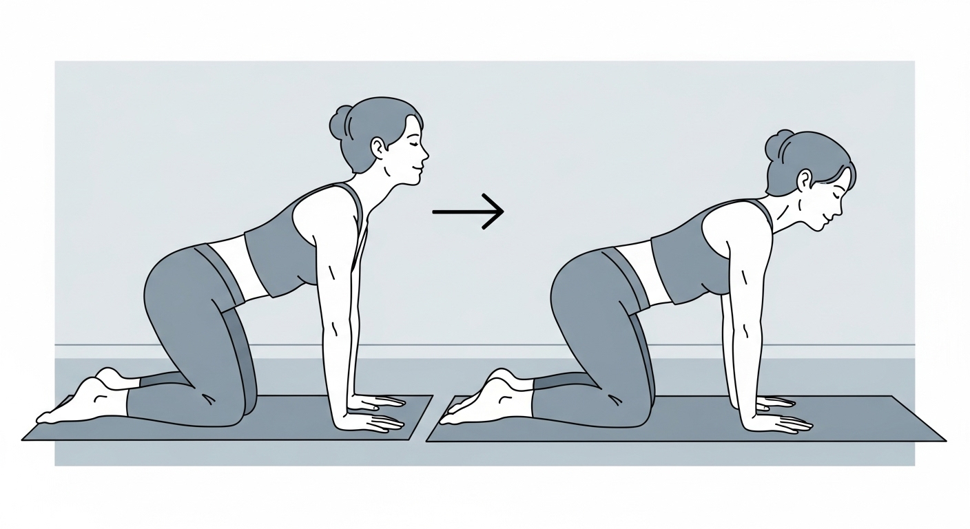 고양이-소 자세 스트레칭을 하는 사람의 측면 일러스트레이션, 허리 유연성 개선