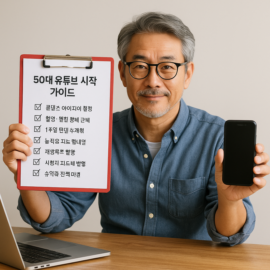 50대 중년 남성이 '50대 유튜브 시작 가이드' 체크리스트가 담긴 클립보드와 스마트폰을 들고 앉아 있는 모습, 테이블 위엔 노트북이 놓여 있고 밝은 조명 속에서 자신감 있는 표정을 짓고 있음
