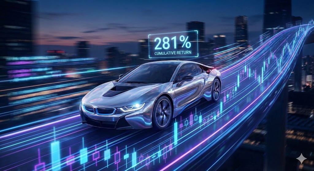 급격하게 우상향하는 수익률 그래프와 그 위를 달리는 하이테크 스포츠카 이미지