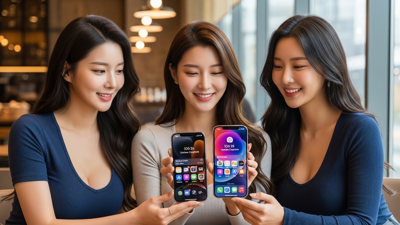 아이폰 화면을 보여주는 여성들