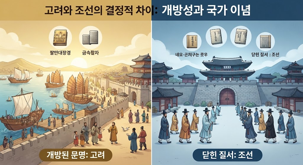 벽란도가 활짝 열려 국제 무역선이 드나들고 상인들이 벽을 넘어 교류하는 개방적인 고려(왼쪽)의 모습과, 성리학 이념 아래 사대문을 닫고 유교 질서를 따르며 내실을 다지는 조선(오른쪽)의 모습을 대조적으로 구성했습니다.