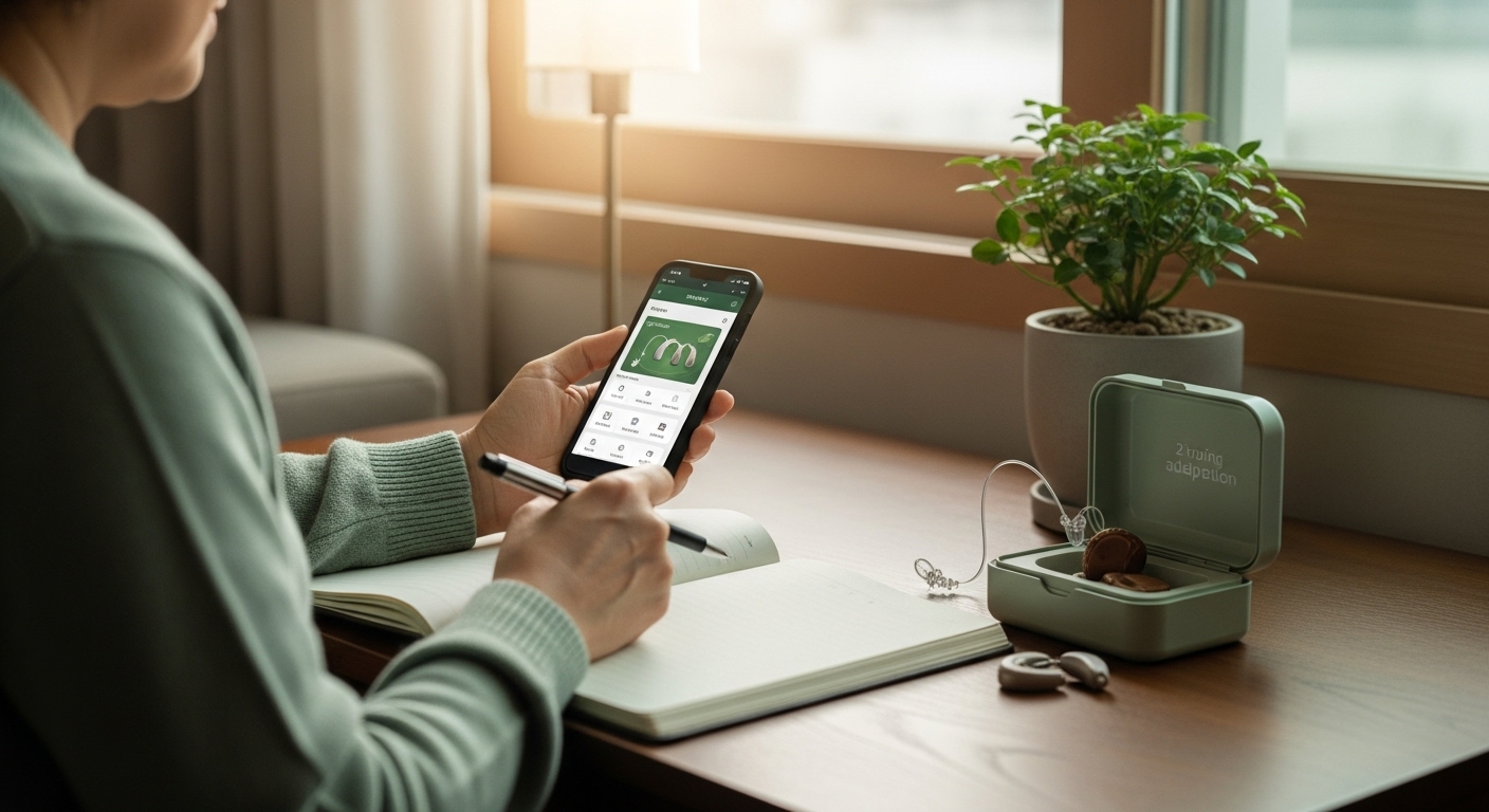 창가에서 보청기 적응 일지를 기록하며 앱을 확인하는 한국 시니어 여성의 모습. 꾸준한 실천 루틴을 표현한 이미지