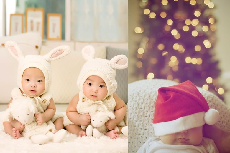 왼쪽은 하얀색 토끼모양의 모자를 쓰고 인형을 안고 있는 두명의 갓난아이가 앉아서 두눈을 똥그랗게 뜨고 있는 모습이며 우측은 빨간색 크리스마스모자를 눈과 코를 덮을 정도로 눌러쓰고 등을 기대어 자고있는 모습