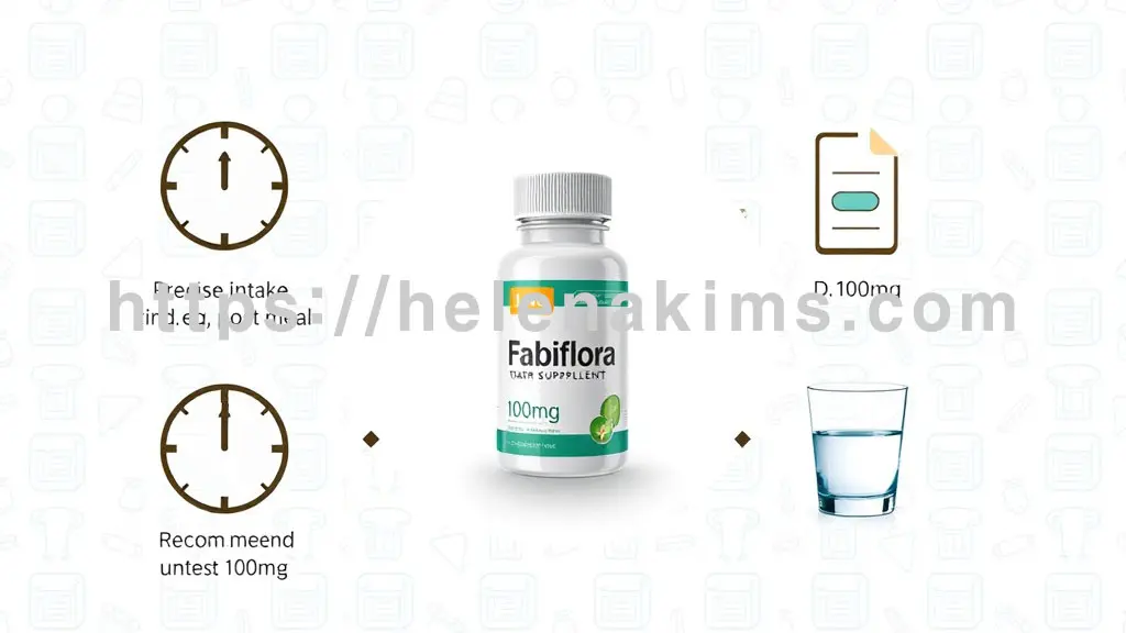 중앙에 깨끗하고 세련된 디자인의 파비플로라 영양제 한 알이 놓여있다. 그 주변으로 정확한 섭취 시간을 나타내는 시계 아이콘(예: 식후), 권장 섭취량을 표시하는 저울 아이콘(100mg), 그리고 물 한 잔의 이미지.