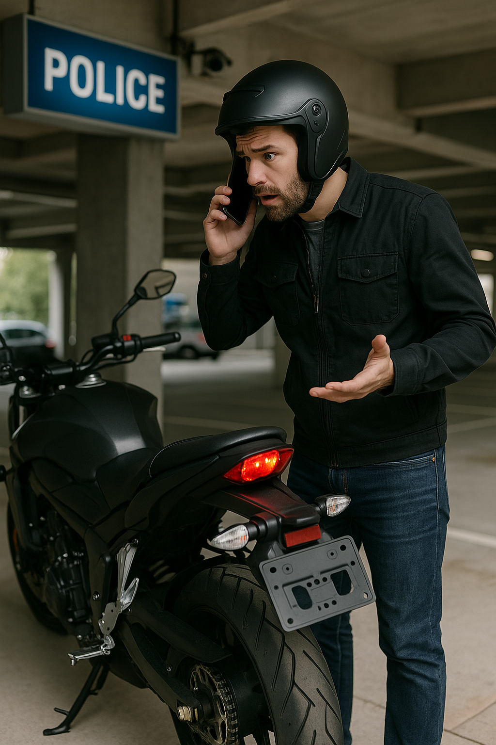 번호판이 사라진 오토바이를 보며 놀란 라이더