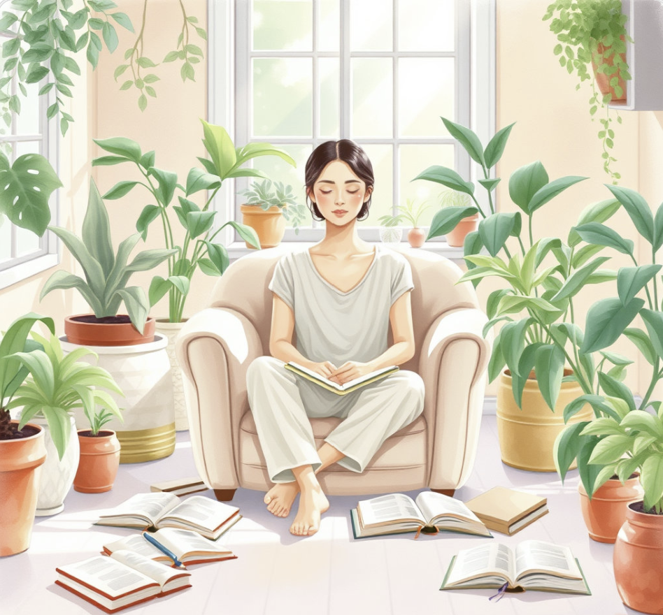편안한 분위기의 실내에 화분과 식물이 책과 조금 있고 여성이 책을 읽다 명상을 하며 회복하는 모습이 수채화 풍으로 그려져 있다