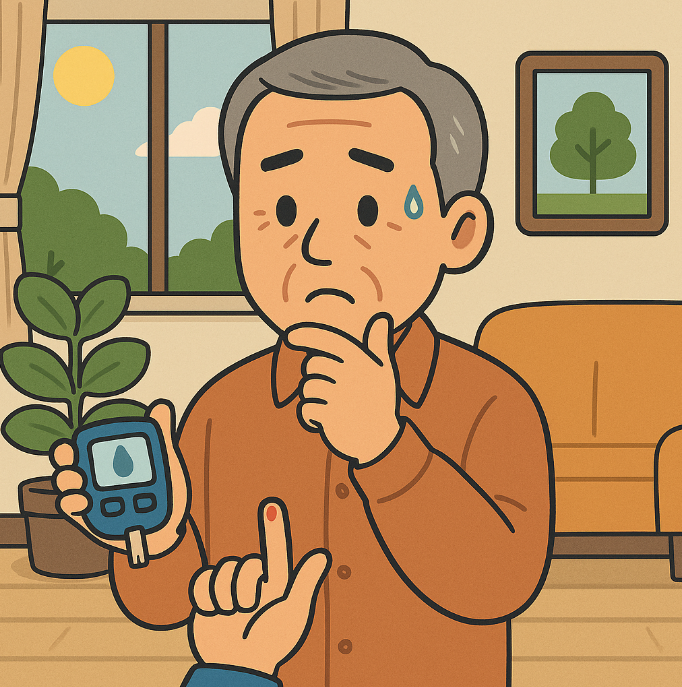 집에서 혈당검사를 하는 중년 부부