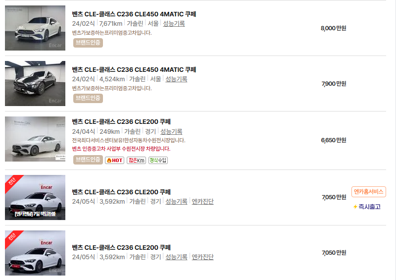 벤츠 CLE 중고차 가격 시세표 24년10월