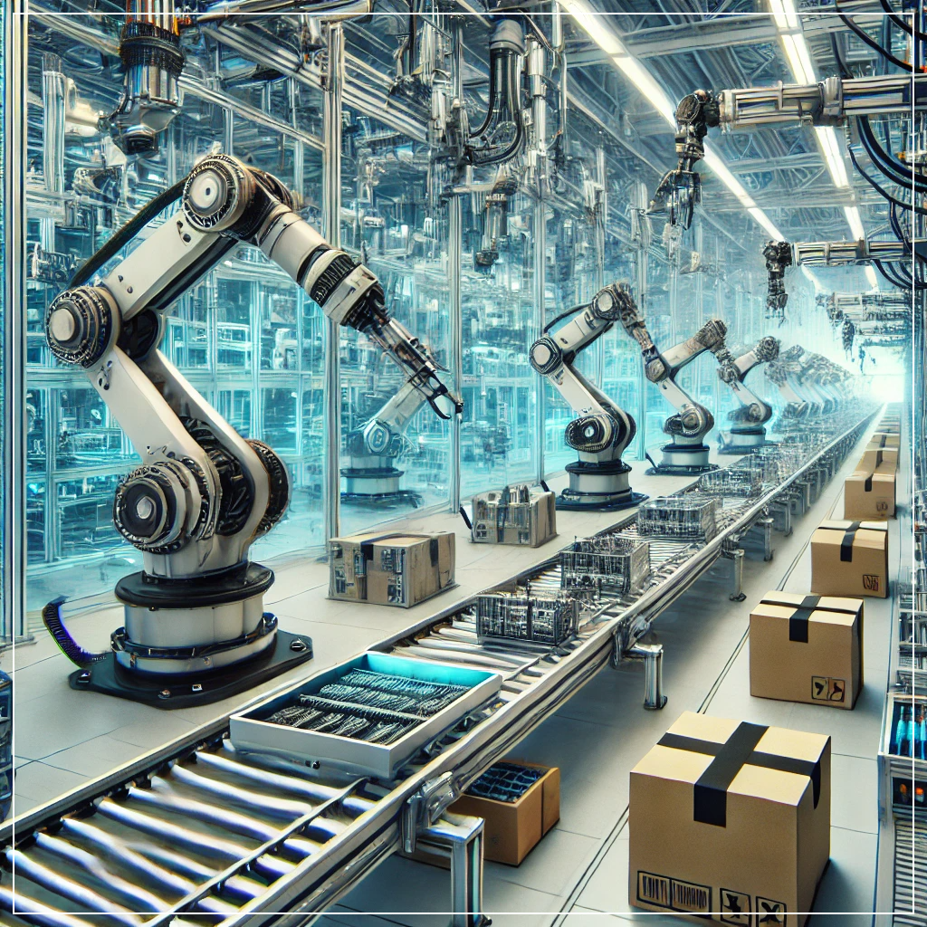 최첨단 스마트 공장에서 로봇 팔이 자동화된 조립 라인을 운영하는 모습