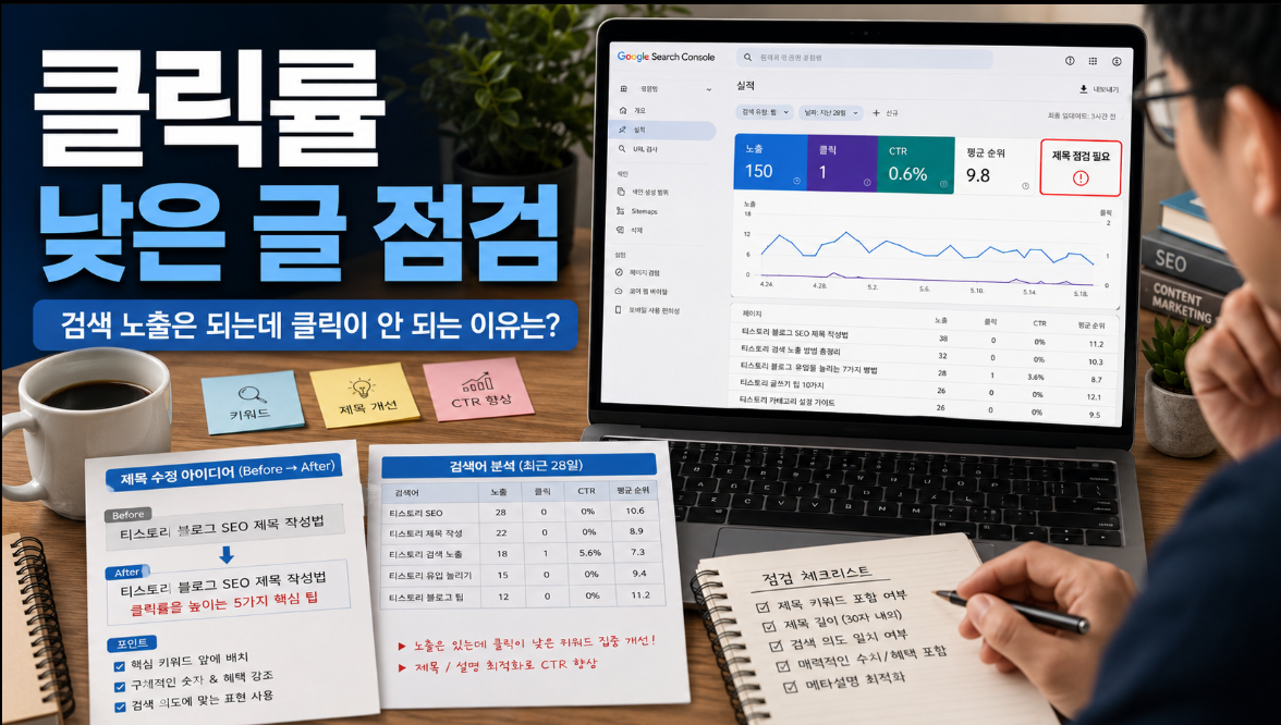티스토리 블로거가 구글 서치 콘솔에서 노출은 있지만 클릭률이 낮은 글의 제목 수정 필요성을 점검하는 이미지