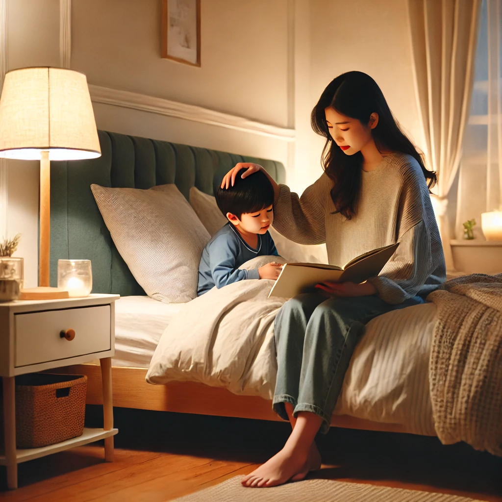 침대 옆에 무릎을 꿇고 아들의 머리를 쓰다듬으며 잠자리 이야기를 들려주는 어머니