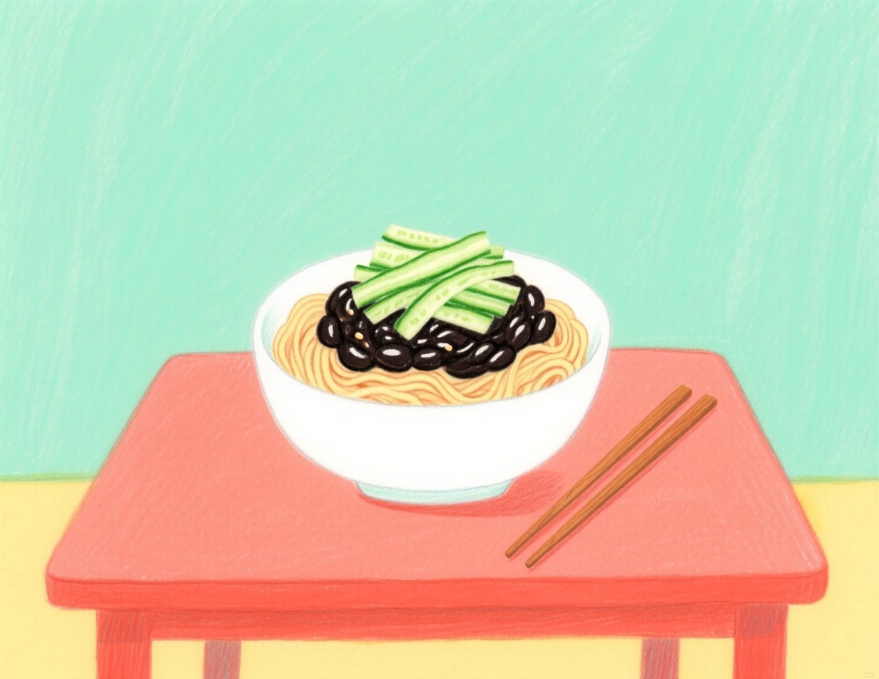 오이가 소복이 올라간 짜장면 한 그릇 상상 그림