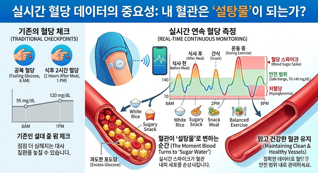 혈관이 혈당 가득찬 그림과 연속혈당기로 혈당 비교 인포그래픽