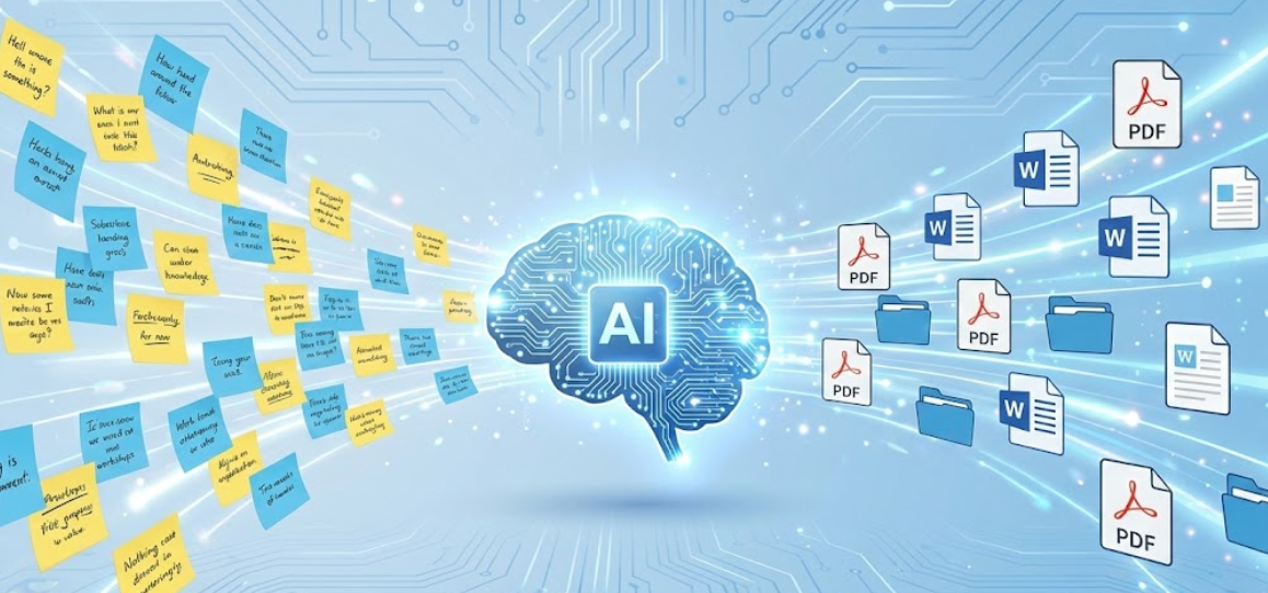 메모가 깔끔한 서류 양식으로 변환되는 그래픽