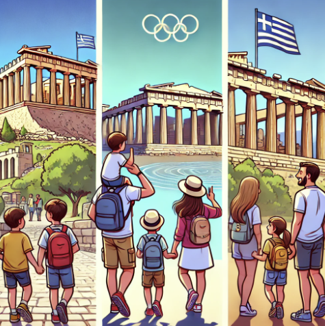 아크로폴리스, 올림픽 경기장, 파르테논 신전에서 4인 가족 여행하는 비교 사진