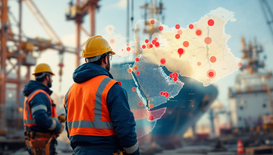 중동 지역 프로젝트 지연과 계약 리스크를 나타내는 건설 및 조선업 현장 이미지