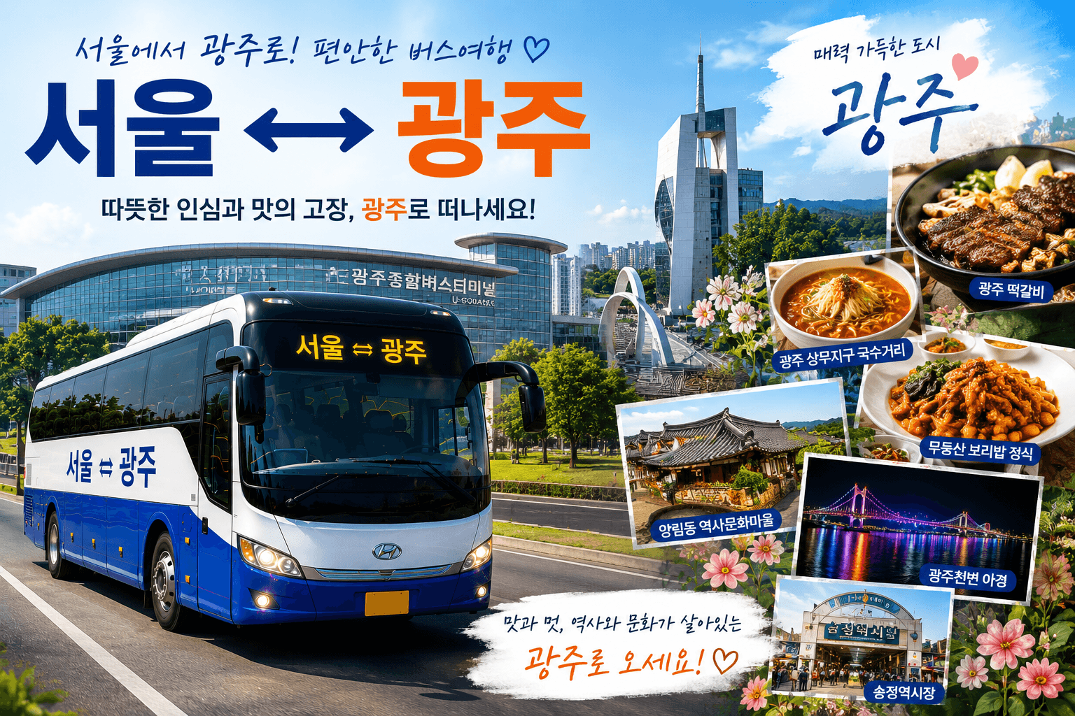 서울 과 광주를 왕복하는 버스와 광주의 무등산 보리밥 정식