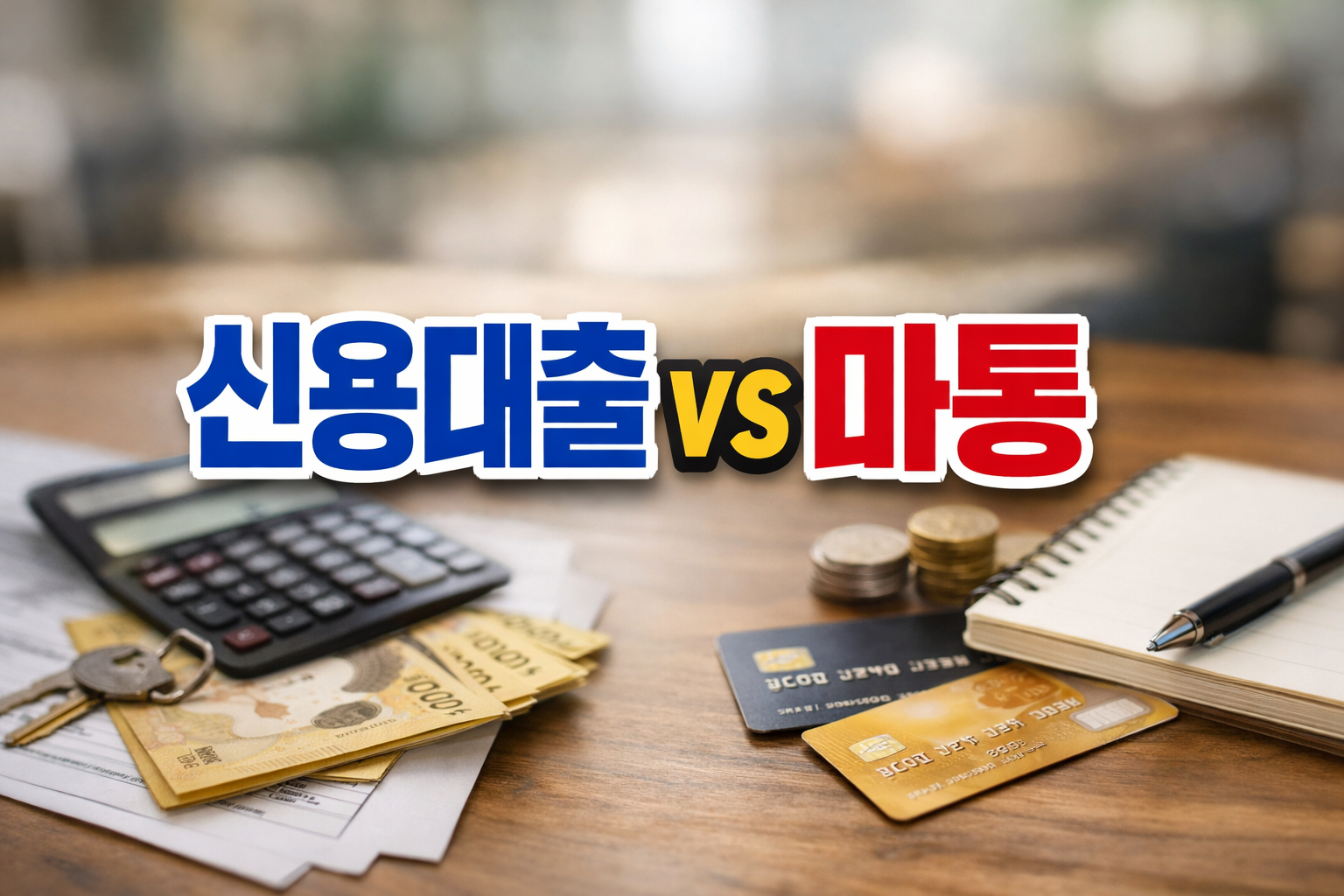 신용대출과 마이너스통장 차이를 비교하는 금융 개념 이미지, 계산기와 카드·현금이 놓인 책상 위에 신용대출 vs 마통 문구 표시