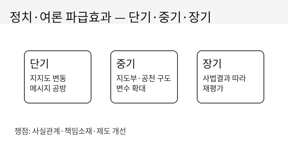 정치·여론 파급효과 요약 인포그래픽: 단기·중기·장기 변수 정리