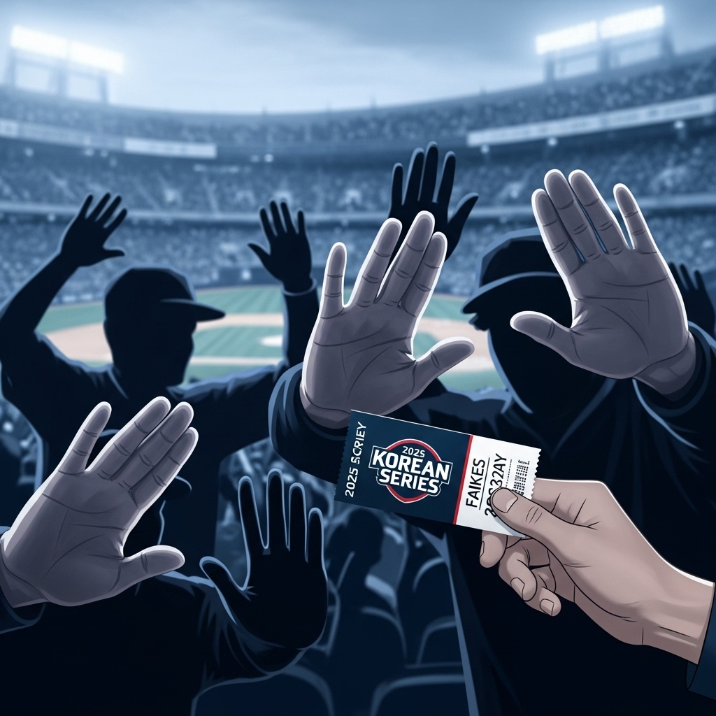 2025 한국시리즈 암표를 막으려는 팬들의 단합된 손길과 정품 티켓이 강조된 이미지. 희망적이고 결연한 분위기.