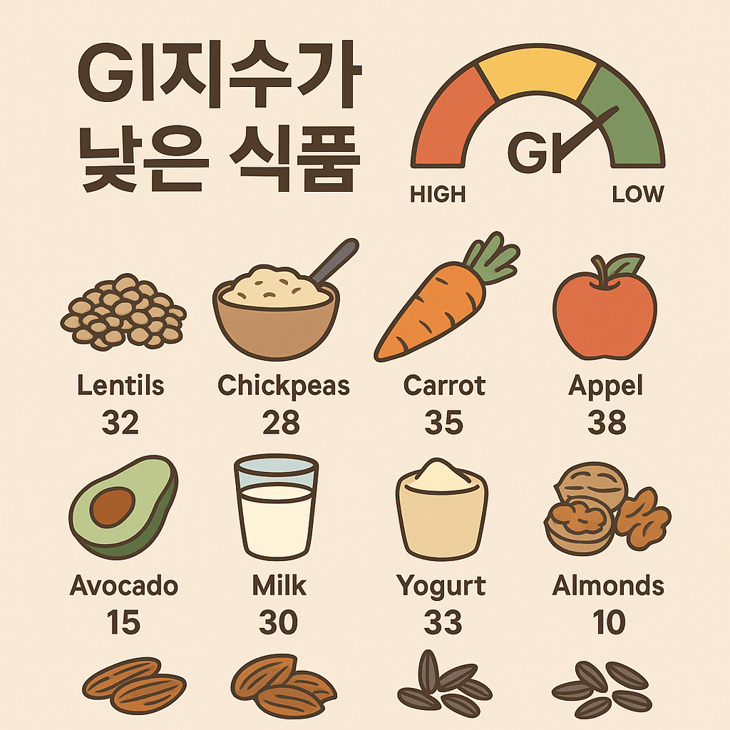 GI지수가 낮은 식품 일러스트. 렌틸콩, 병아리콩, 당근, 사과, 아보카도, 우유, 요구르트, 아몬드 등 12가지 식품과 각 GI지수가 아이콘과 함께 정리되어 있으며, 상단에는 GI지수 게이지가 ‘LOW’ 구간을 가리키고 있음