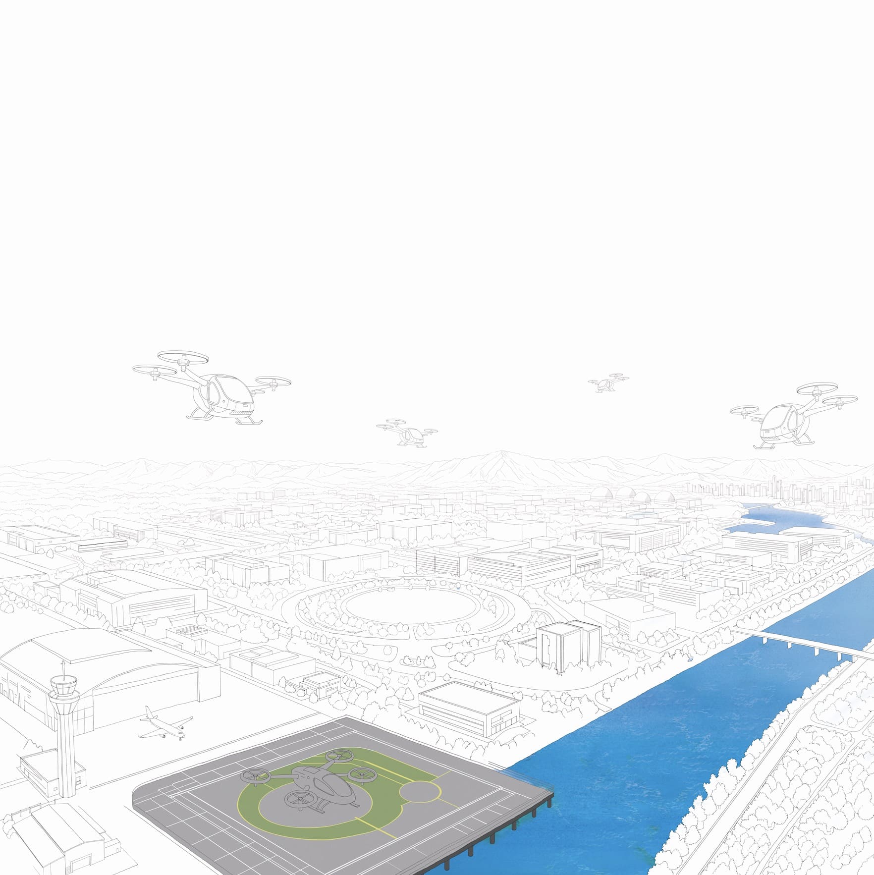 ▲ 더그린맵 작 ❘ 제작 과정 3단계 &ndash; 기본 채색 적용 단계 (녹지&middot;강&middot;건물 배치)