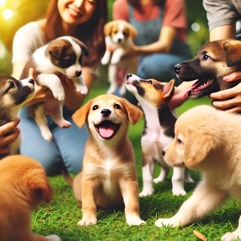 여러 강아지들이 모여 환하게 웃고있는 장면