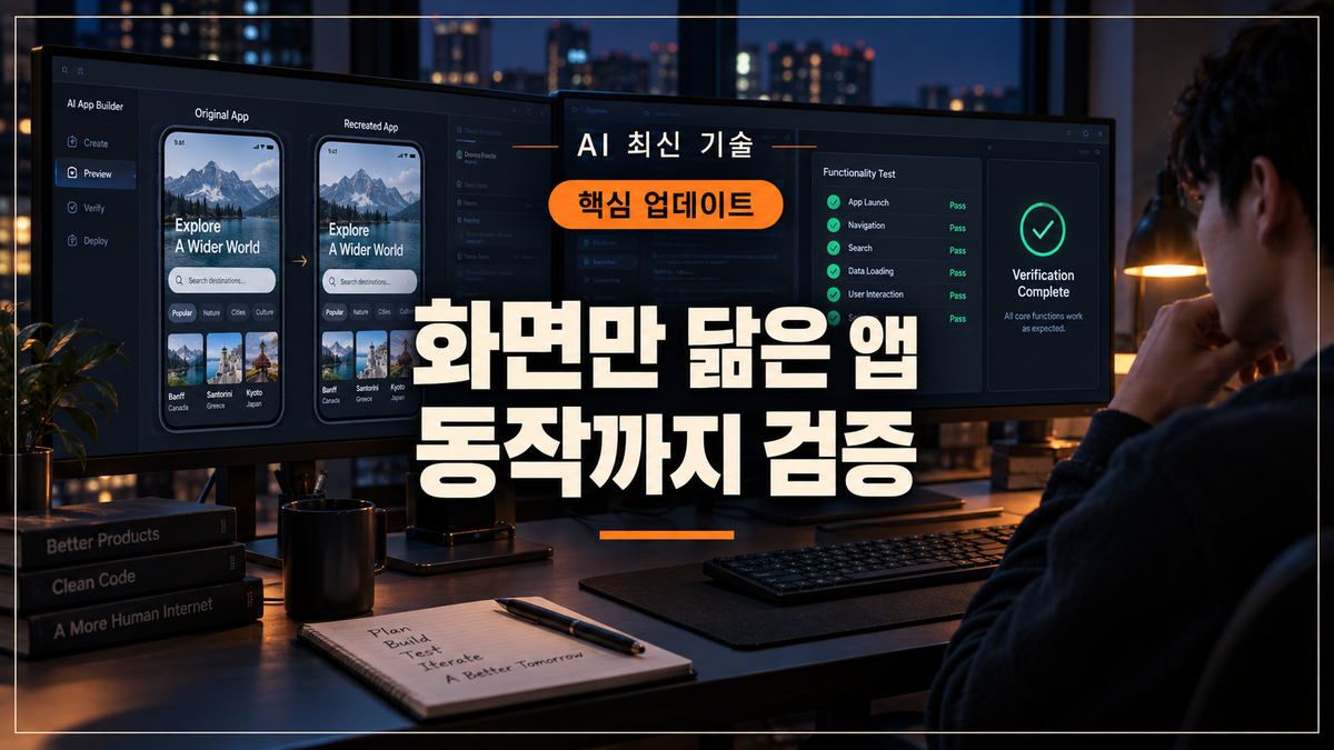 RecreationWorld 대표 이미지: 두 화면에서 AI 앱의 버튼 동작을 검증하는 개발 작업 공간