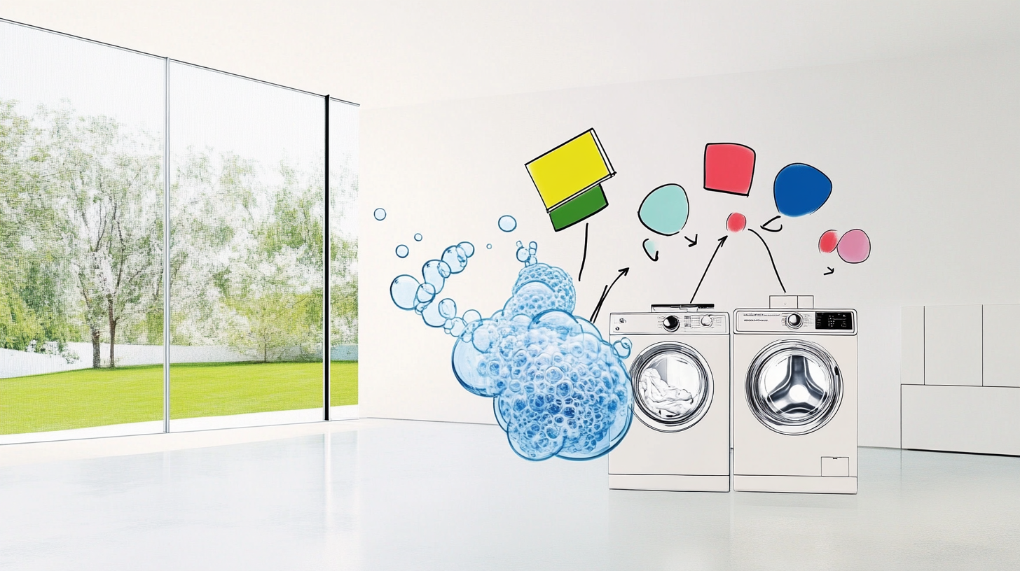 전통적인 세탁 방법과 혁신적인 세탁기 기술의 나란히 비교가 되며, 버블 세탁 기능의 시각적 강조가 되어 있는 현대적인 디자인 요소가 가득한 밝은 공간