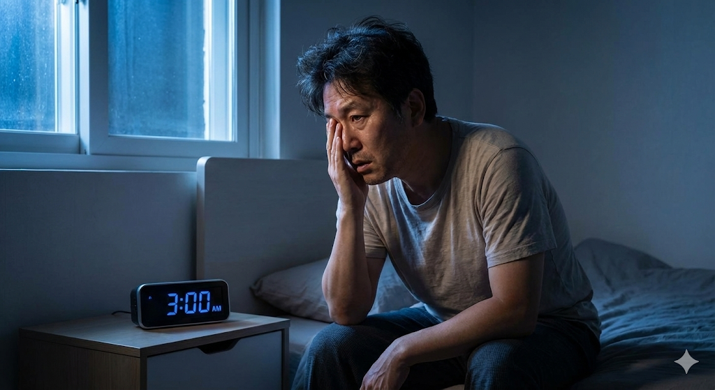 새벽 불면증으로 고민하는 중년 남성