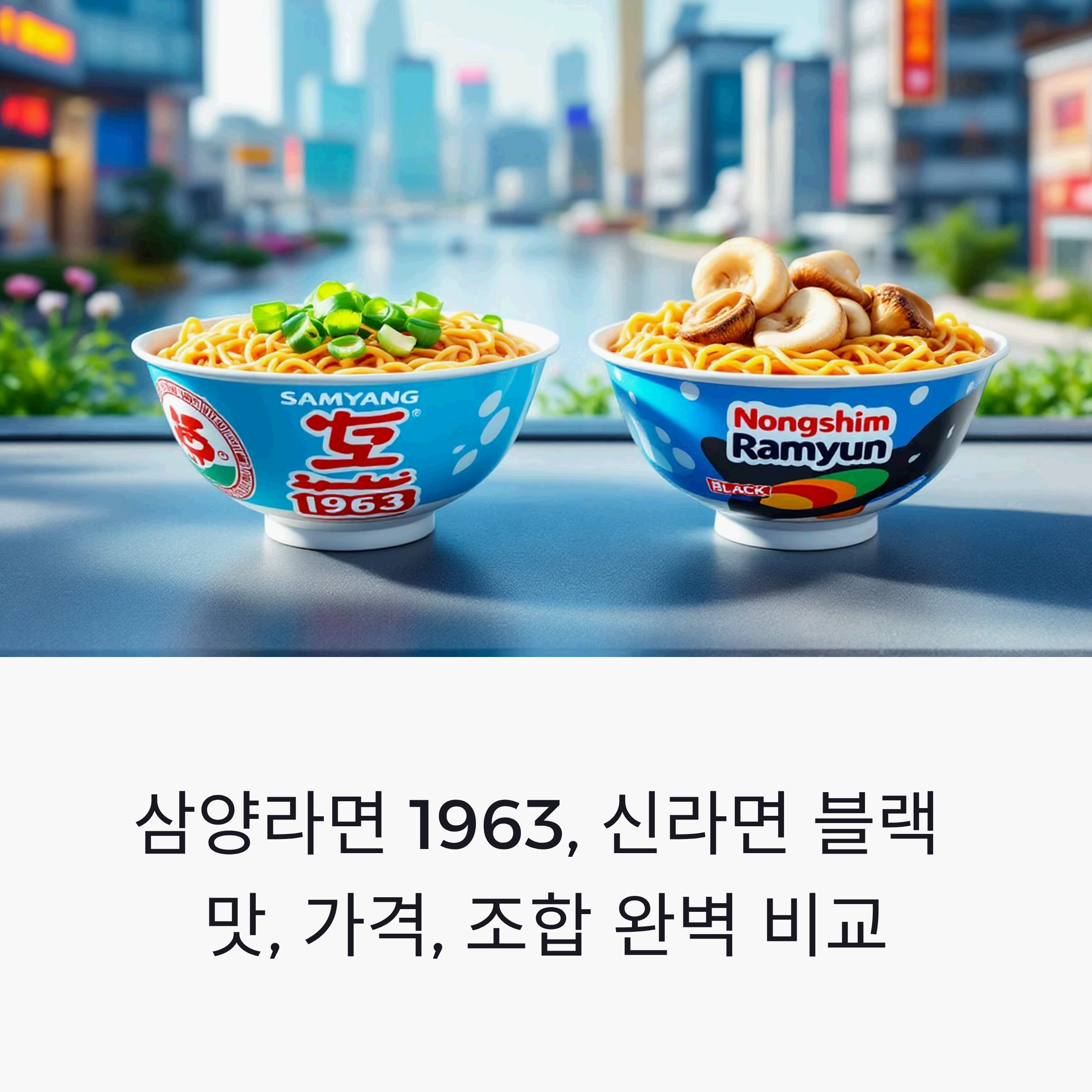 삼양라면 1963과 신라면 블랙 라면을 상세히 비교하는 이미지.