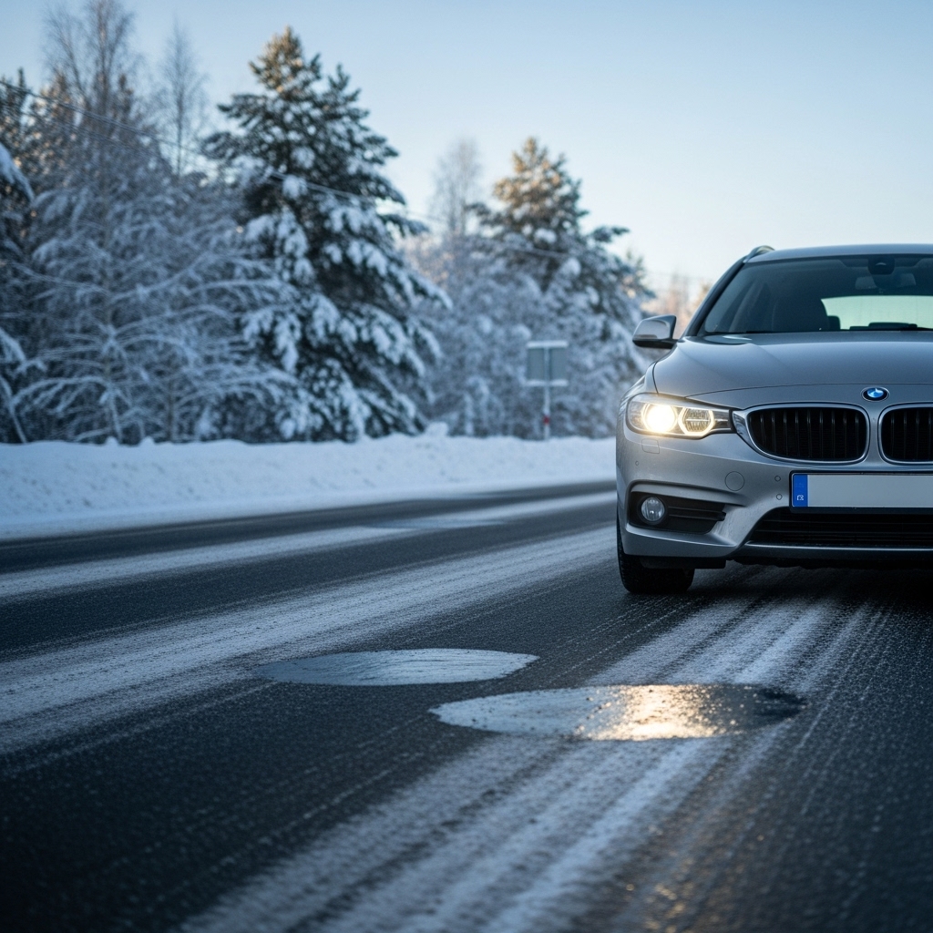 블랙아이스가 깔린 겨울 도로를 조심스럽게 주행하는 차량의 모습, 안전 운전의 중요성을 강조합니다.