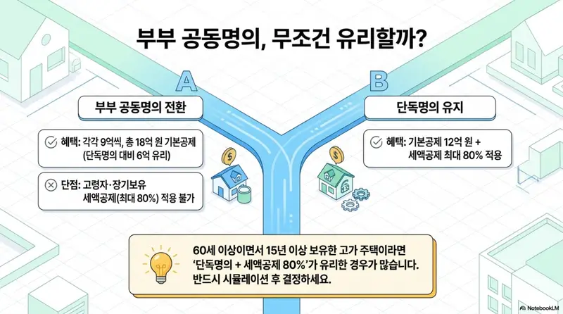 종부세 과세대상: 부부 공동명의와 단독명의의 종부세 유불리를 비교한 인포그래픽. 공동명의는 합계 18억 원 공제가 가능하지만 고령자&middot;장기보유 세액공제 최대 80%를 적용받을 수 없으므로 반드시 시뮬레이션 후 결정해야 함을 시각적으로 전달하는 이미지