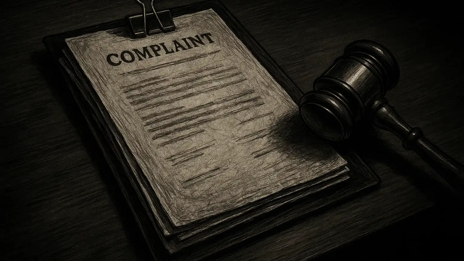 형사고소장과 법정 망치가 있는 책상 위의 모습으로 법적 대응의 심각성을 보여주는 이미지