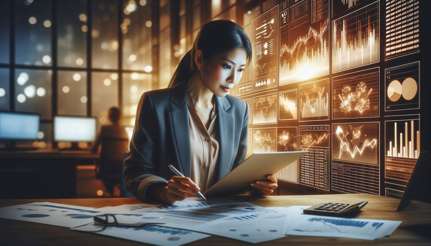 Professional senior executive in a modern office space analyzing spreadsheets and financial documents, surrounded by digital screens showing market data and graphs, warm lighting, photorealistic corporate environment