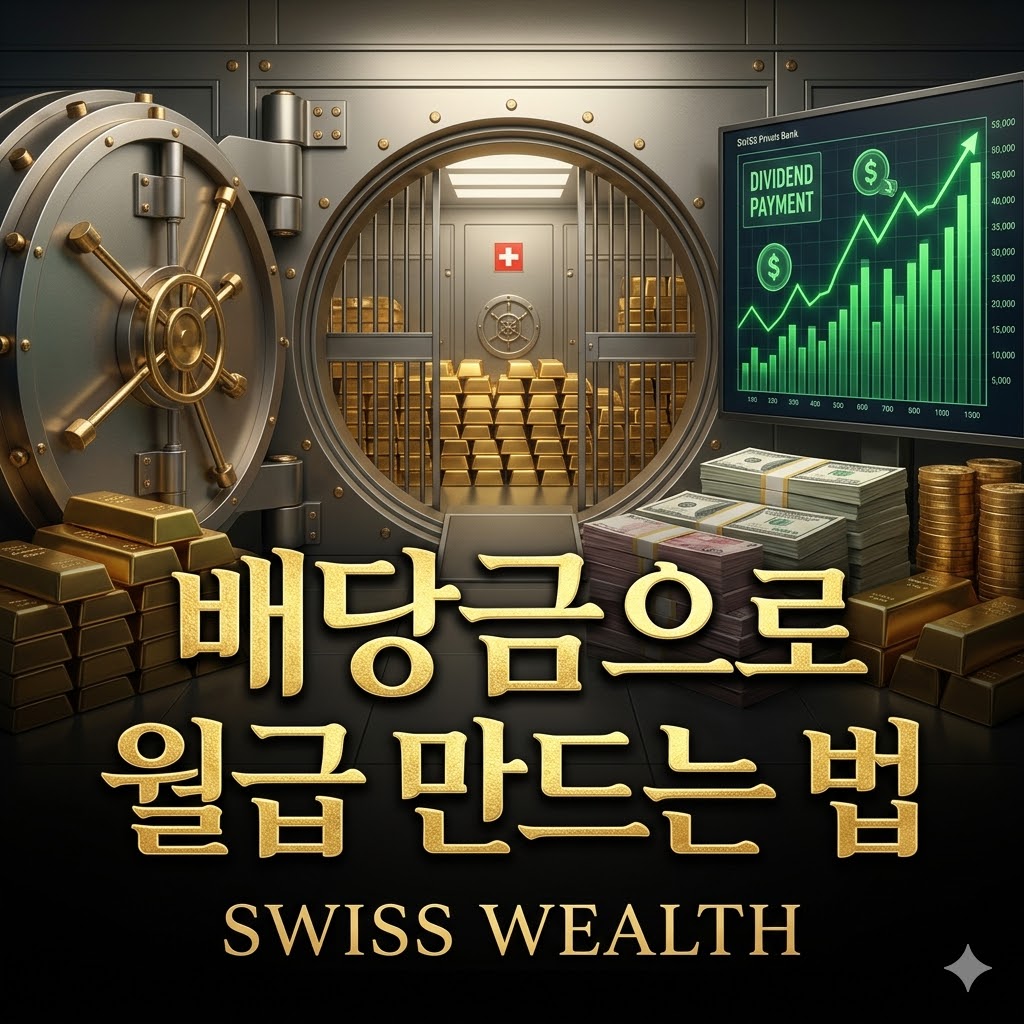 고급스러운 금박 브랜딩 테두리 안에 'Swiss Wealth' 로고와 함께 "배당금으로 월급 만드는 법"이라는 한글 문구가 적힌 썸네일. 배경에는 스위스 은행의 금고와 디지털 그래프, 그리고 쏟아지는 황금 동전들이 입체적으로 배치되어 금융 전문성을 시각화했다.