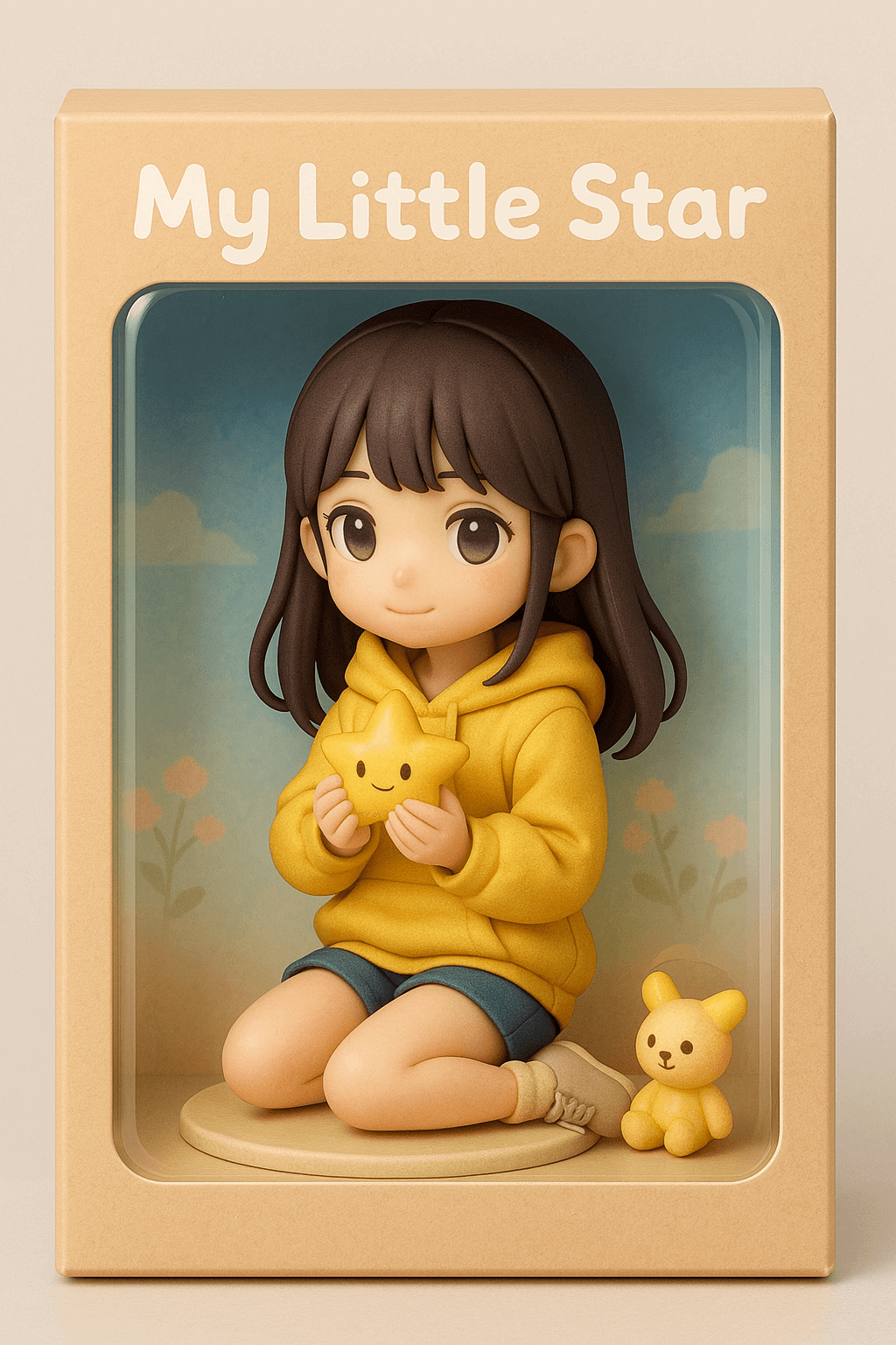 프롬프트 '노란 후드티를 입고 별 인형을 안은 소녀 피규어, 곰인형과 꽃무늬 배경이 있는 박스 디자인'으로 만든 이미지