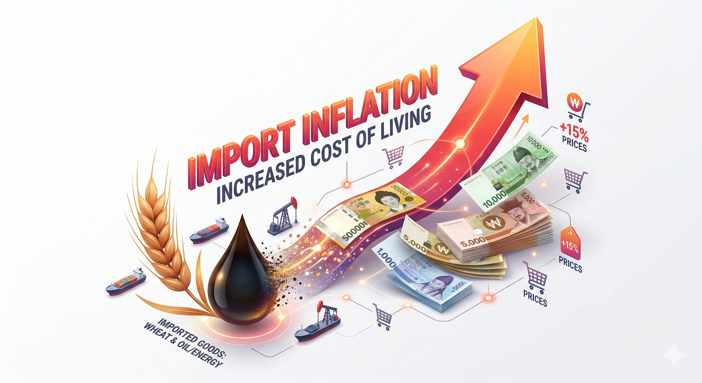 수입 원자재 가격 상승과 환율 폭등이 국내 물가에 미치는 영향 인포그래픽