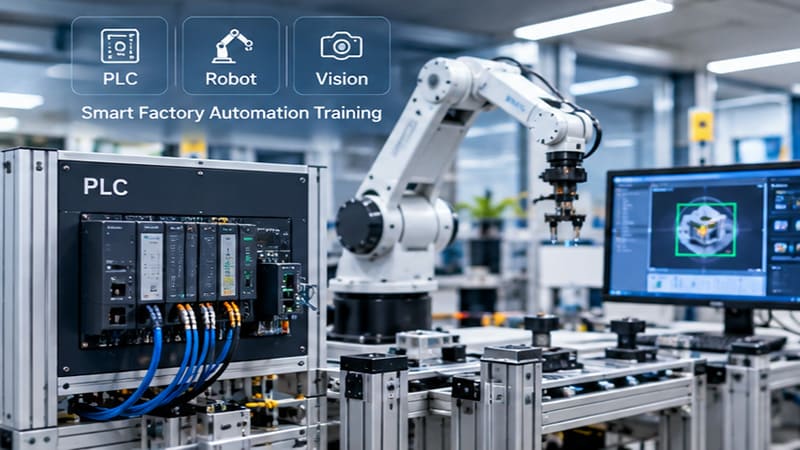<img src=”smart-factory-plc-robot-vision-training.jpg” alt=”PLC 제어장치와 산업용 로봇 및 비전 시스템을 활용한 스마트공장 자동화 교육”>