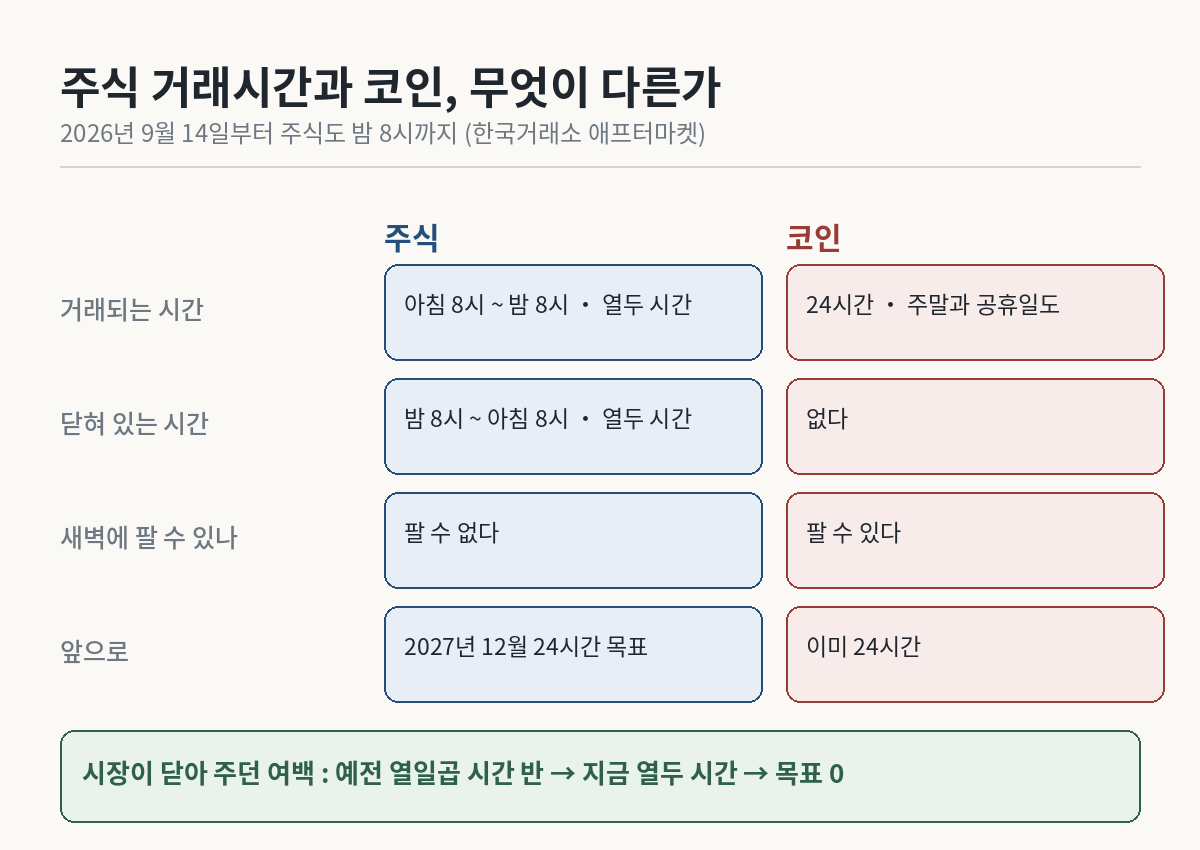 주식 거래시간과 코인 24시간 비교