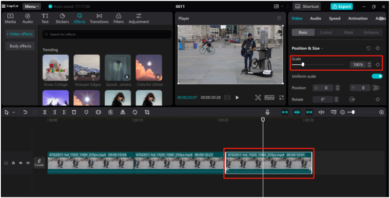 alt="캡컷 무료 키프레임 기능으로 화면 확대와 이동 애니메이션을 만드는 모바일 편집 화면"