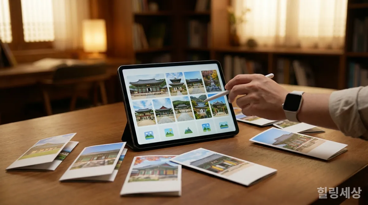 다양한 템플스테이 프로그램 안내 책자와 태블릿을 보며 선택을 고민하는 손