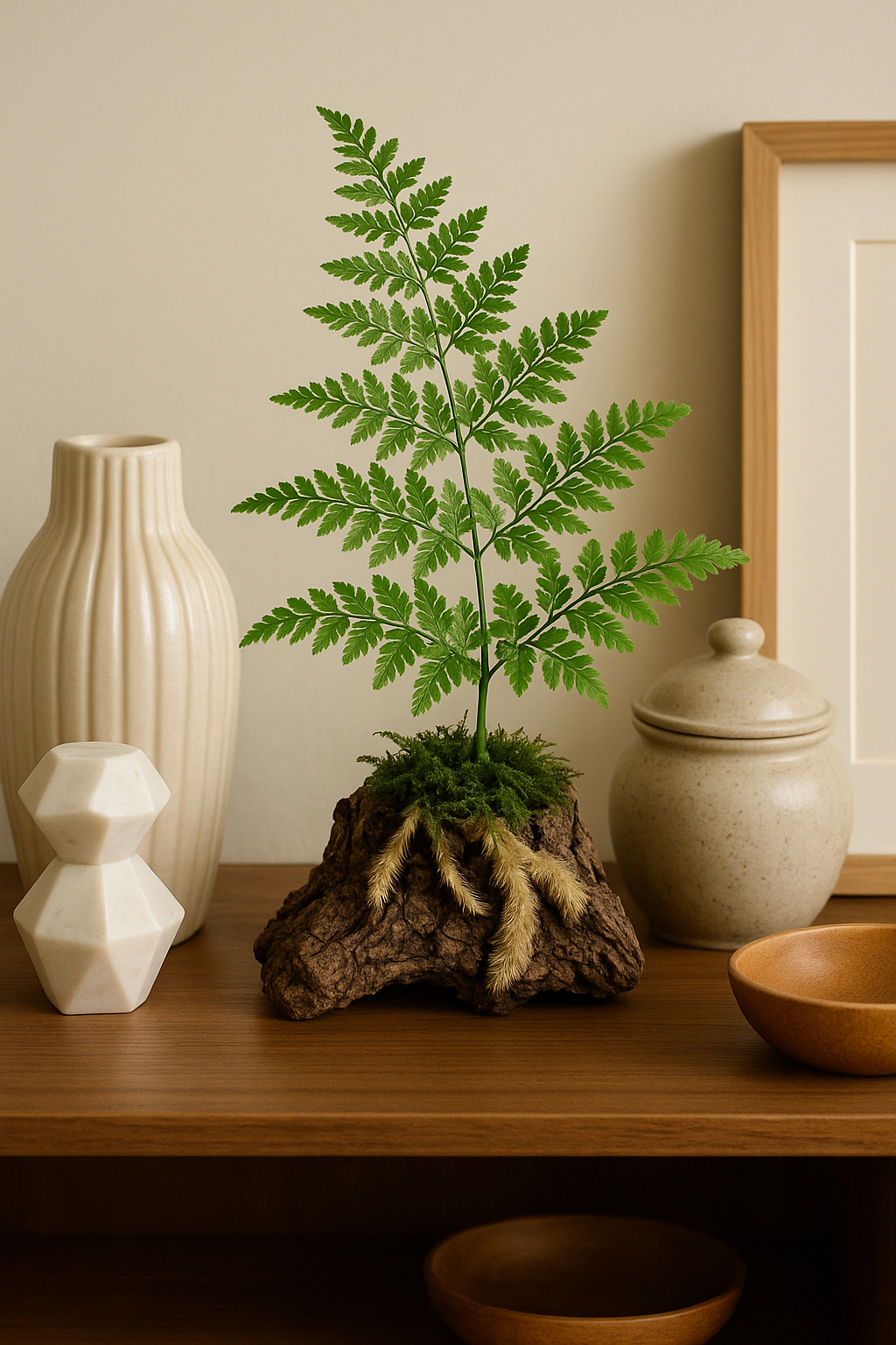 장식장 위 오브제 사이에 목부작 되어 있는 후타마고사리