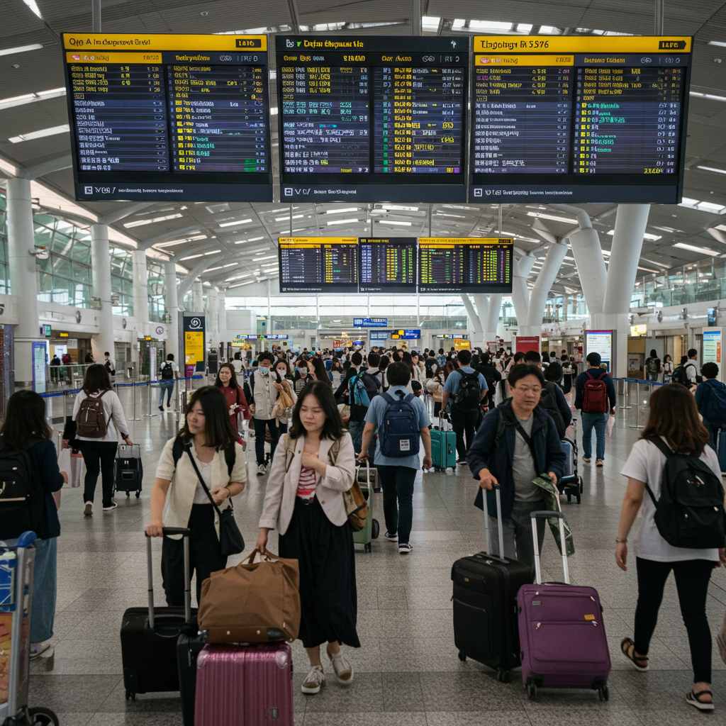 한국인 여행객들이 가득한 현실적인 공항 출국장, 전광판에 일본 도쿄, 베트남 다낭, 태국 방콕, 미국 로스앤젤레스 행 항공편이 표시된 모습, 현실적인 여행 사진 스타일