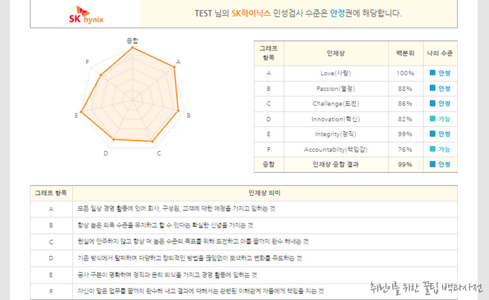 SK 인성검사 심층역량 결과표 - 계열사별 인성검사 수준