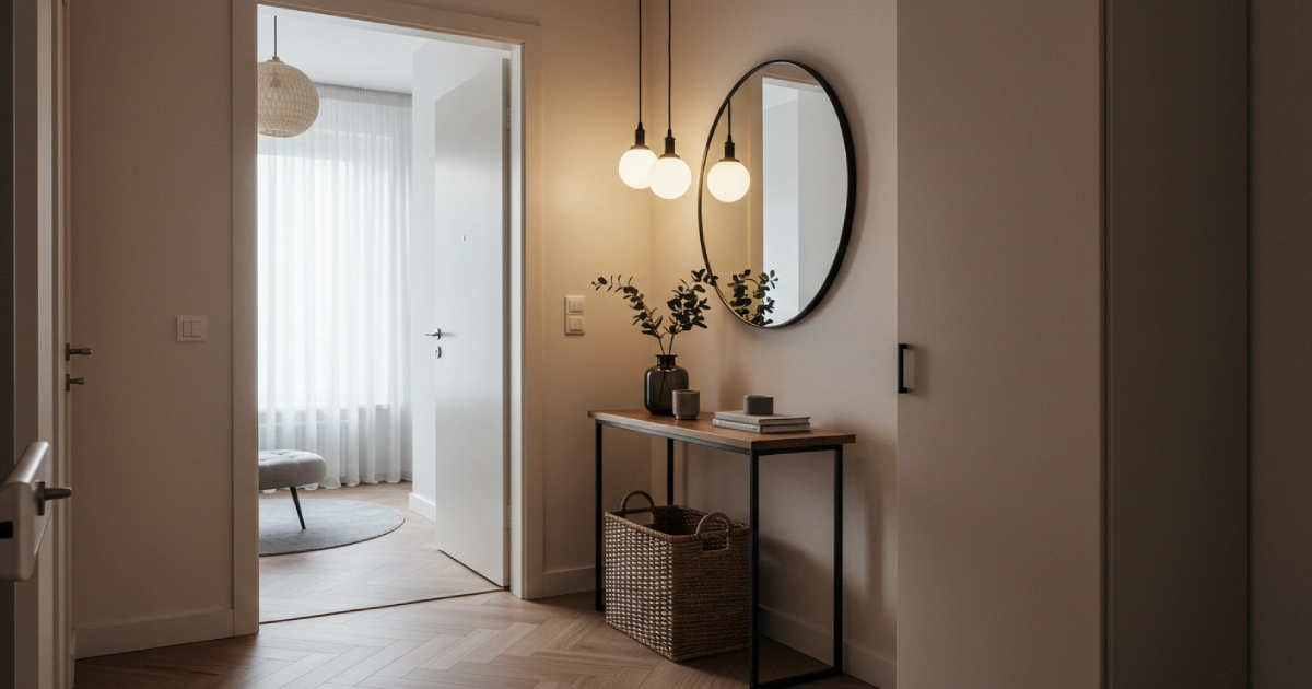 포인트 조명과 거울로 꾸며진 복도형 아파트의 세련된 입구 공간