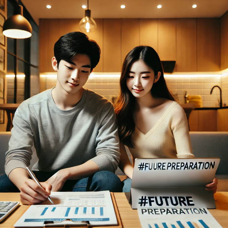 미래를 준비하는 젊은 커플이 함께 앉아 재정 계획을 세우는 모습