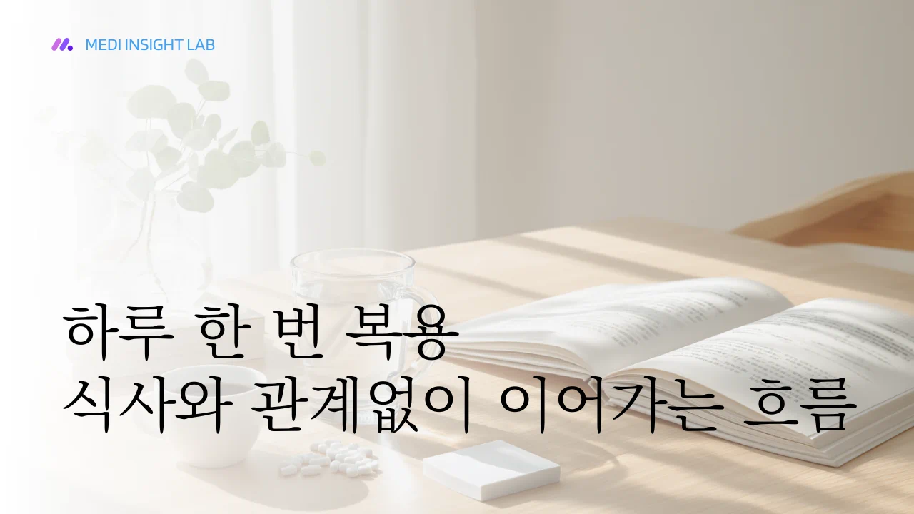 물컵과 흰색 정제, 약 포장, 작은 메모장이 함께 놓인 장면, 하루 한 번 복용하는 혈압약의 느낌, 한국 가정의 차분한 식탁 또는 책상 배경, 과장 없는 현실적인 건강정보 이미지